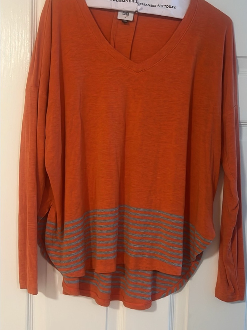 CAbi Orange V-Neck Sweater with Silver-Striped Hem
